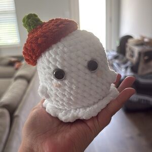 Cute White Ghost Plush with Orange Hat